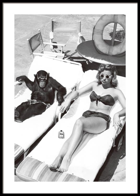 Woman Sunbathing with Chimpanzee Poster